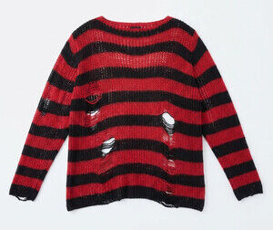 SATINIOR Women's Red & Black Striped Gothic Ripped Knit Sweater
